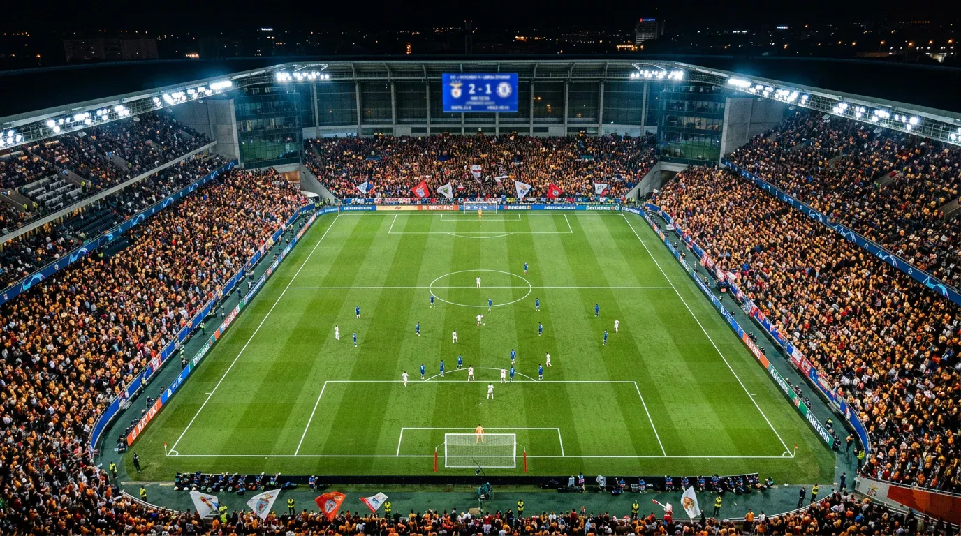 Vista aérea de un campo de futbol profesional con marcadores digitales mostrando resultados de la fase de liga de la Champions